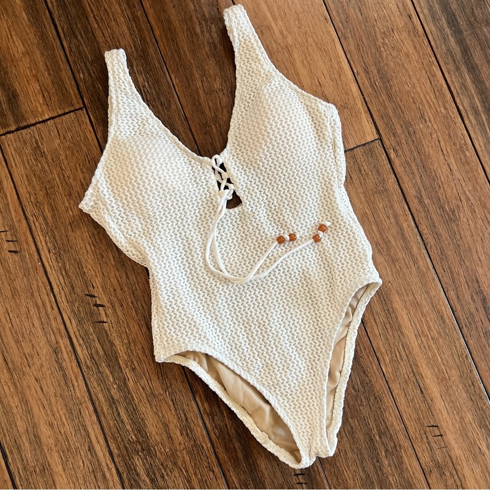 Shade Shore Cream Crochet One Piece Swimsuit Small Bathing Suit Lace Up White - Picture 12 of 12